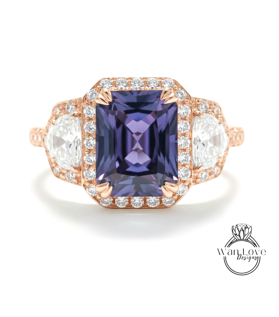 A stunning engagement ring with a large purple gemstone surrounded by smaller diamonds, set in a rose gold band.