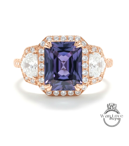 A stunning engagement ring with a large purple gemstone surrounded by smaller diamonds, set in a rose gold band.