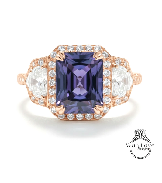 A stunning engagement ring with a large purple gemstone surrounded by smaller diamonds, set in a rose gold band.