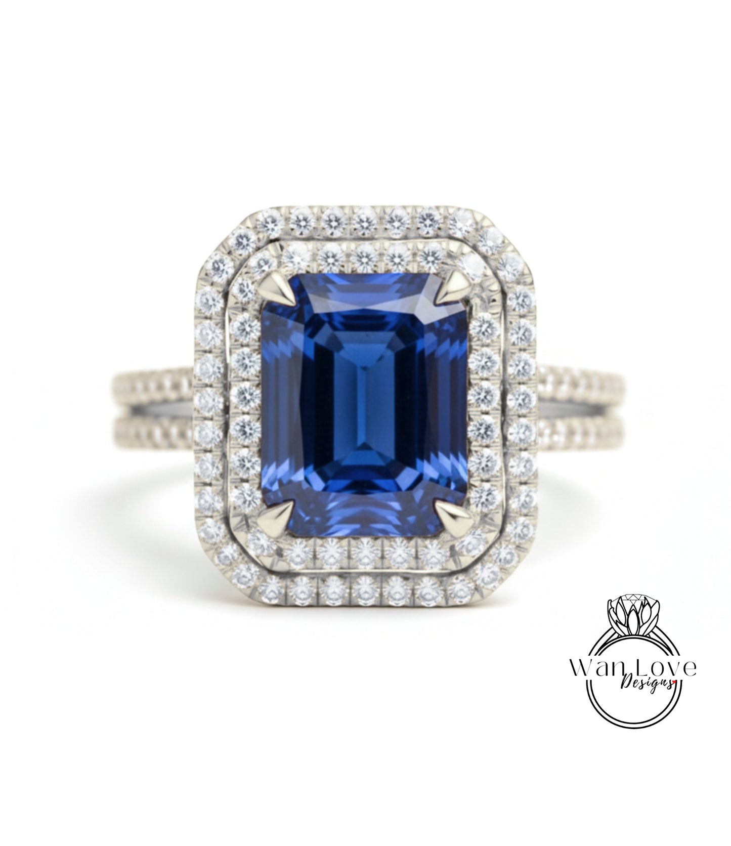 A stunning diamond ring with a large blue gemstone set in a halo of smaller diamonds, showcasing the intricate craftsmanship and attention to detail.