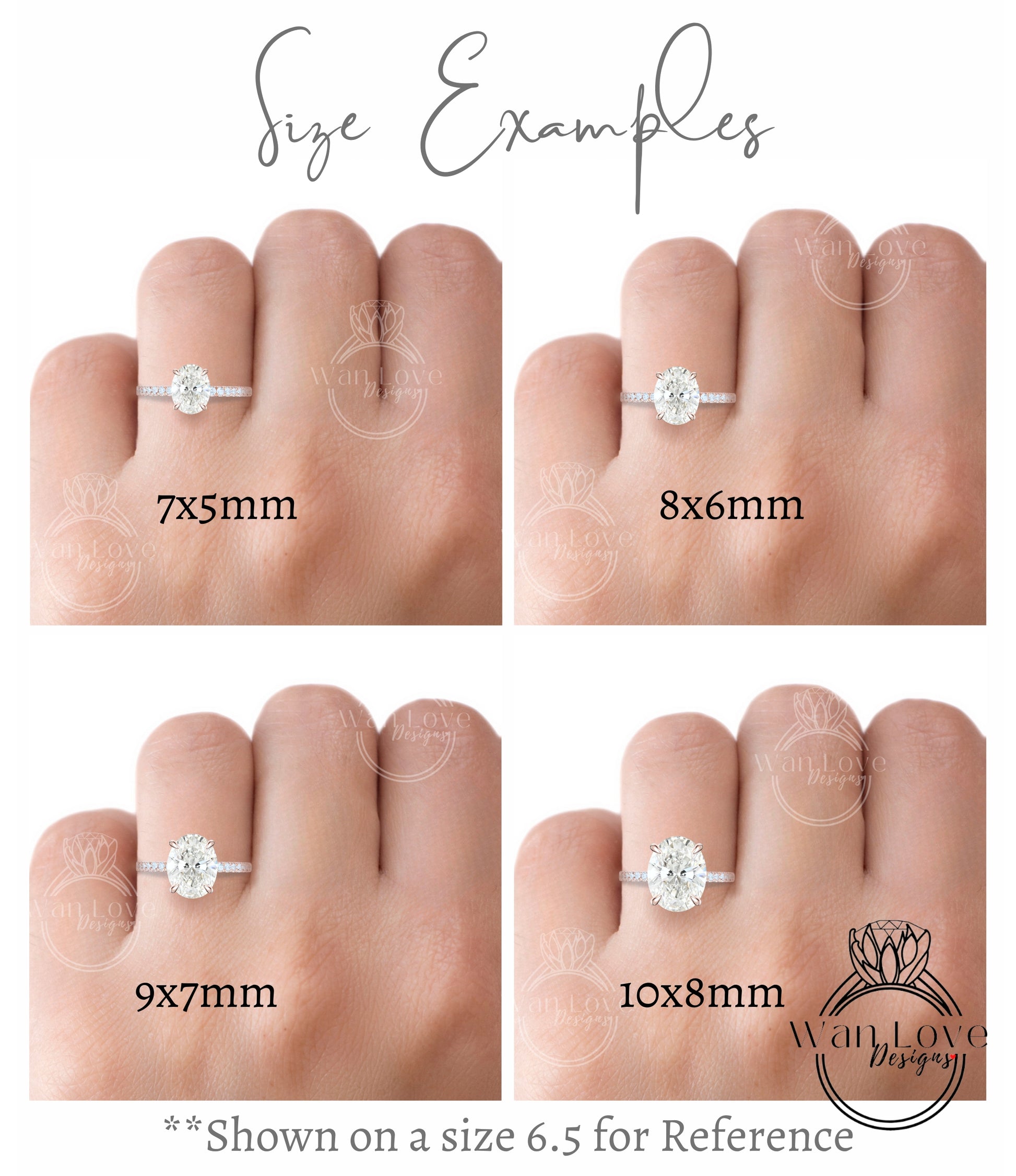 a woman's hand with four different sizes of engagement rings