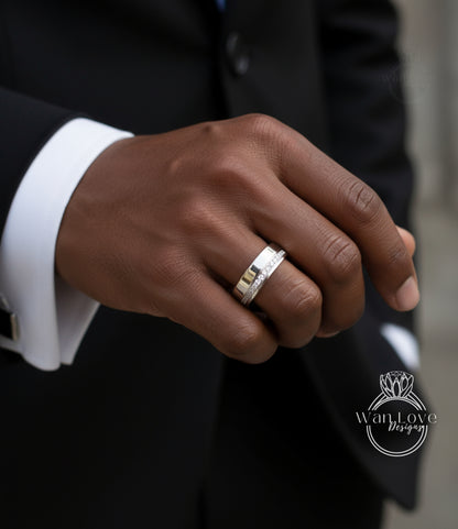 A close-up of a person's hand wearing a silver wedding ring.