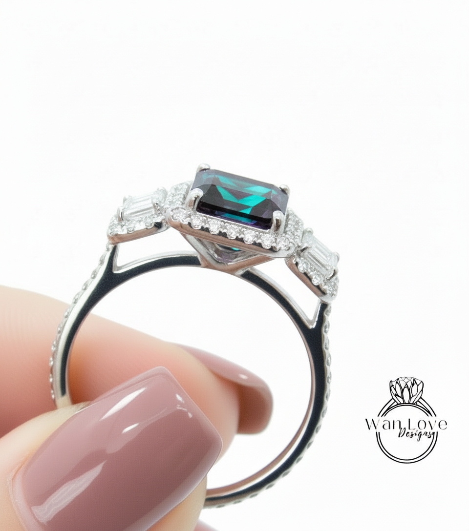 Alexandrite & Diamonds Emerald Triple Halo Baguette Ring, Art Deco Engagement Ring, Diamond Side Stone Ring, Three Gem Stone Halo Diamond Ring, Anniversary Gift