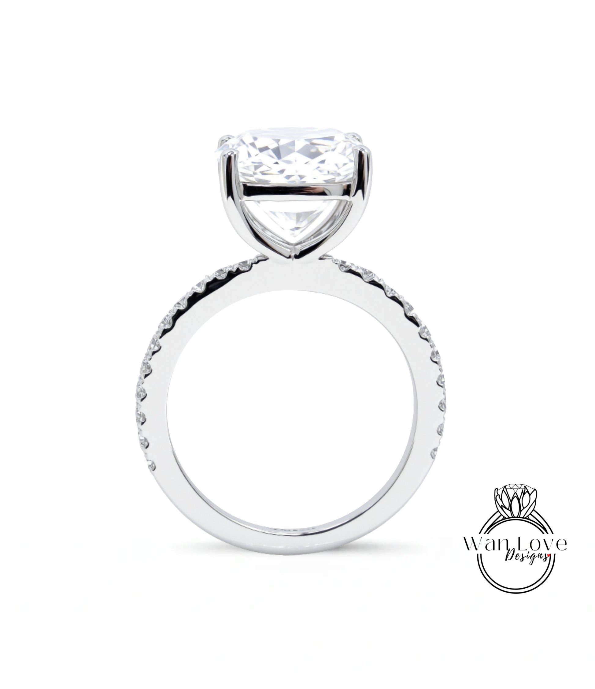 A large, clear diamond engagement ring with a large central diamond and a smaller diamond band around the base.