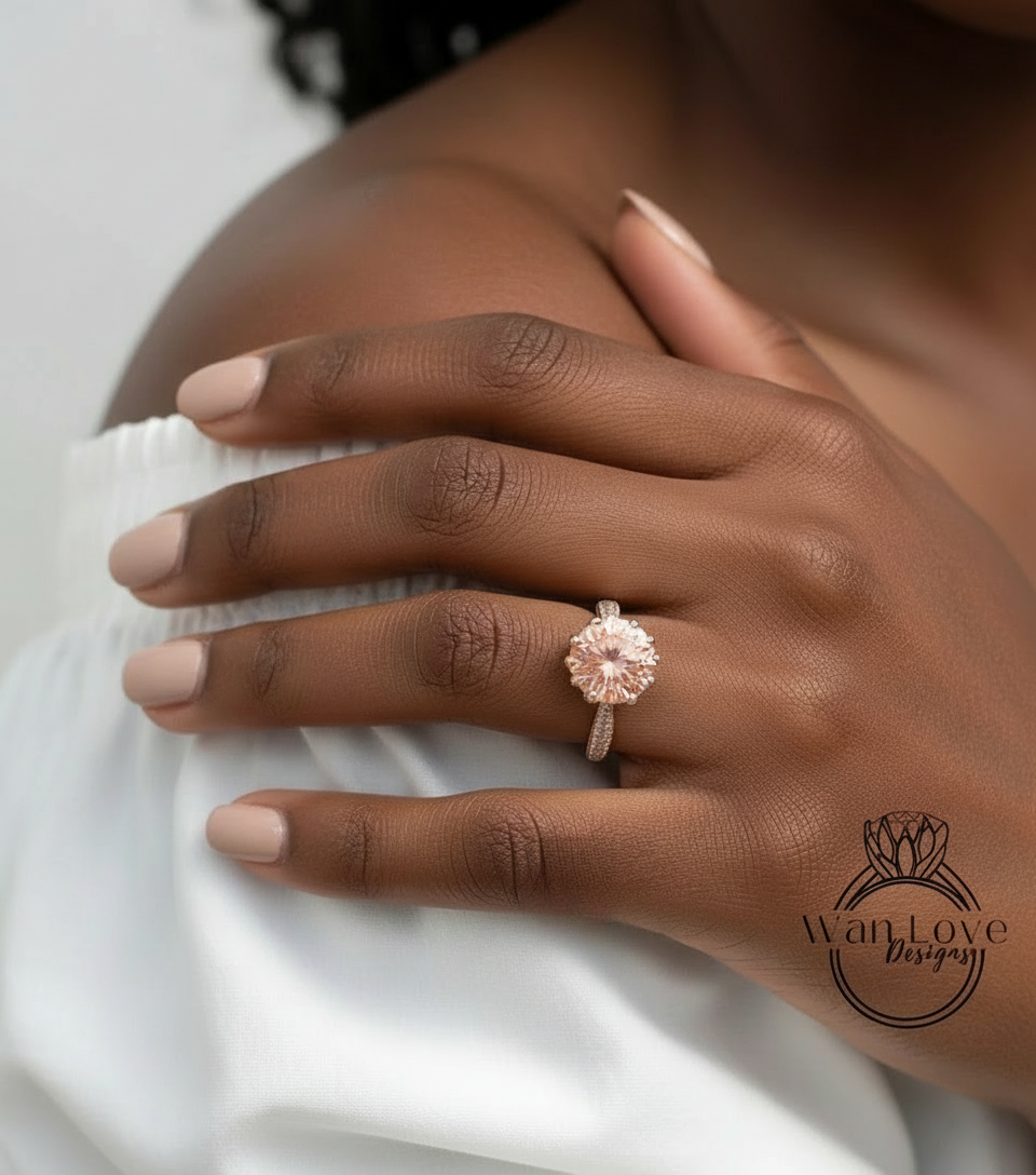 Round Cut Peach Sapphire Engagement Ring, 14k White Gold Diamond Lotus Flower Wedding Ring, Promise Bridal Anniversary Ring, Proposal Ring