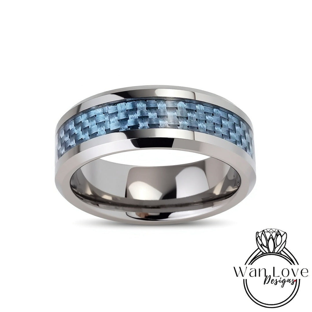 Mens Wedding Band Mens Silver Tungsten Wedding Ring, 8mm Blue Carbon Fiber Band, Mens Engagement Ring, Male Promise Ring, Modern Blue Ring Wan Love Designs