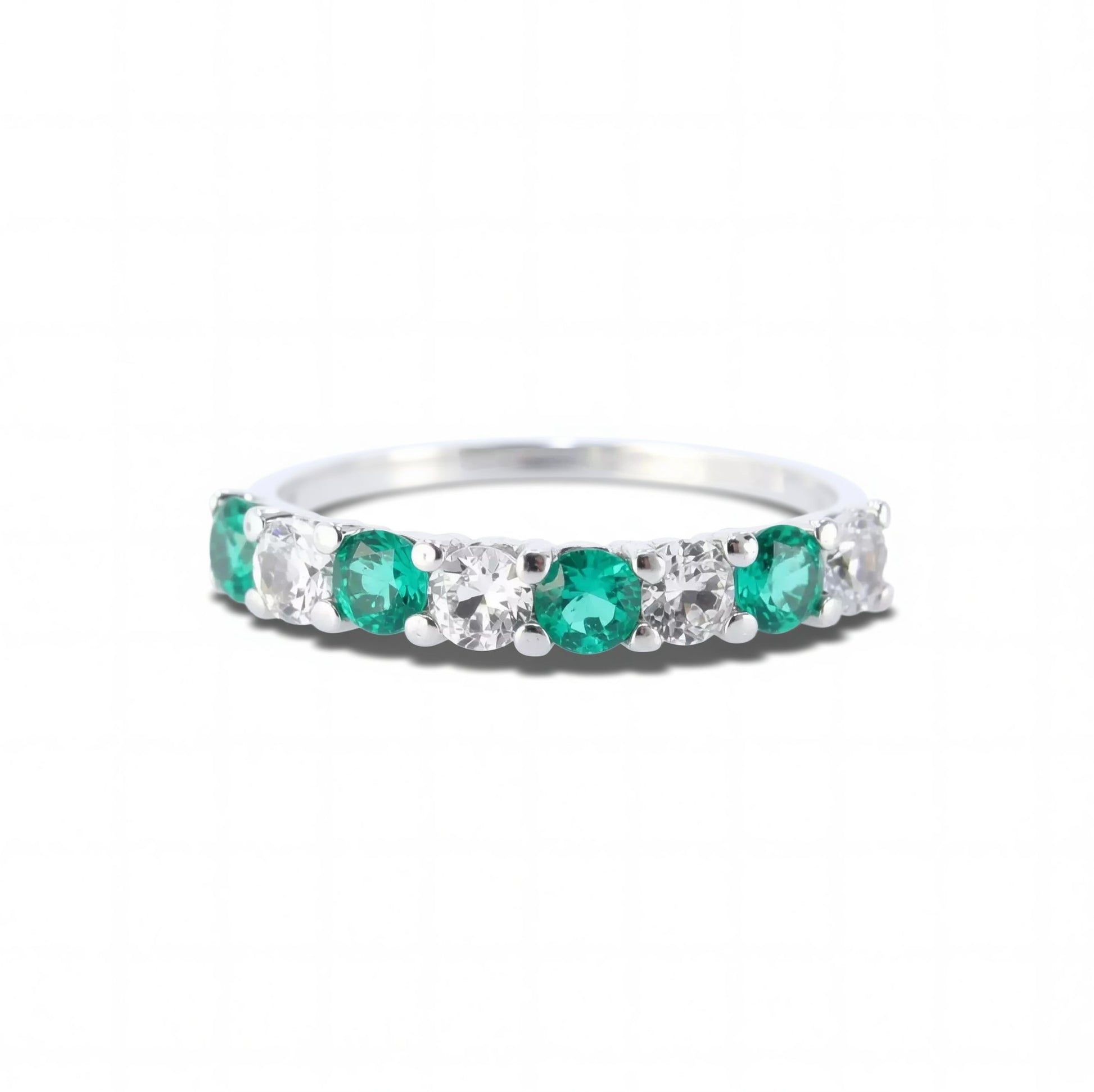 Diamond Emerald Wedding Band white gold round cut 7 gem moissanite ring Bridal Stacking matching band Promise Anniversary shared prong ring Wan Love Designs