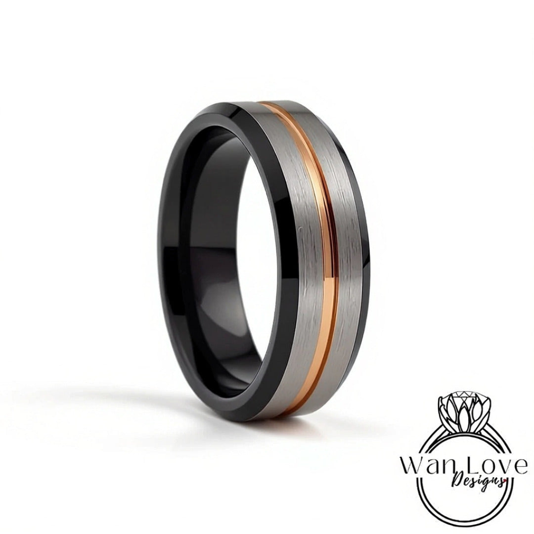 Rose Gold Black Tungsten Ring  - Mens Brushed Silver Beveled Wedding Band - Rose gold stripe, Mens 6mm Ring, Black Tungsten Wedding Ring Wan Love Designs