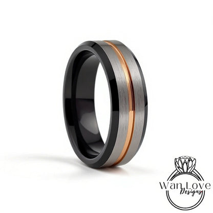 Rose Gold Black Tungsten Ring  - Mens Brushed Silver Beveled Wedding Band - Rose gold stripe, Mens 6mm Ring, Black Tungsten Wedding Ring Wan Love Designs