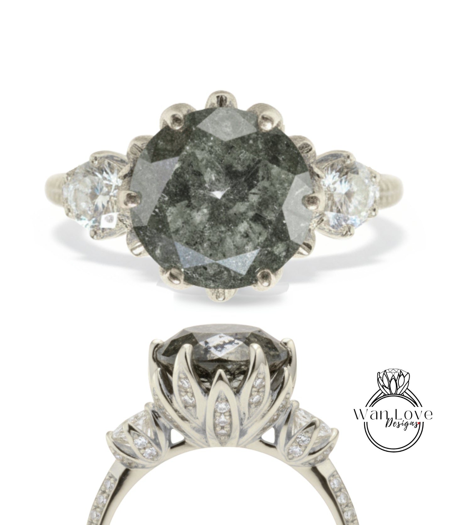 a silver ring with a large, irregularly shaped gray diamond as the centerpiece. The ring is adorned with smaller diamonds set in the floral design.