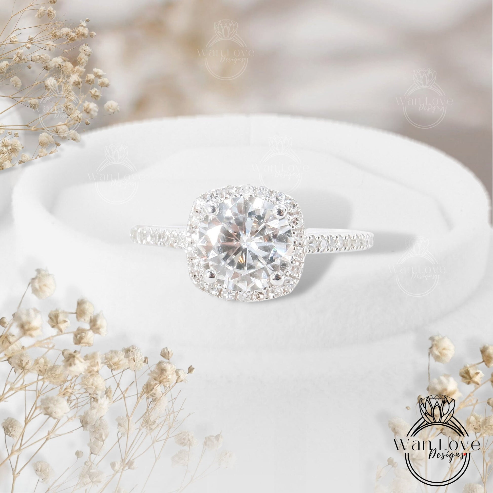 1.5ct Moissanite & Diamond Cushion Halo Round Engagement Ring, 14k White Gold Ring, Bridal Wedding Anniversary Gift, Ready to Ship Ring Wan Love Designs