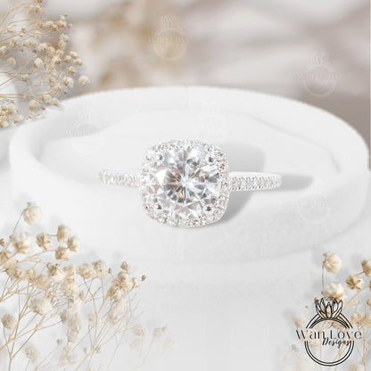 1.5ct Moissanite & Diamond Cushion Halo Round Engagement Ring, 14k White Gold Ring, Bridal Wedding Anniversary Gift, Ready to Ship Ring Wan Love Designs