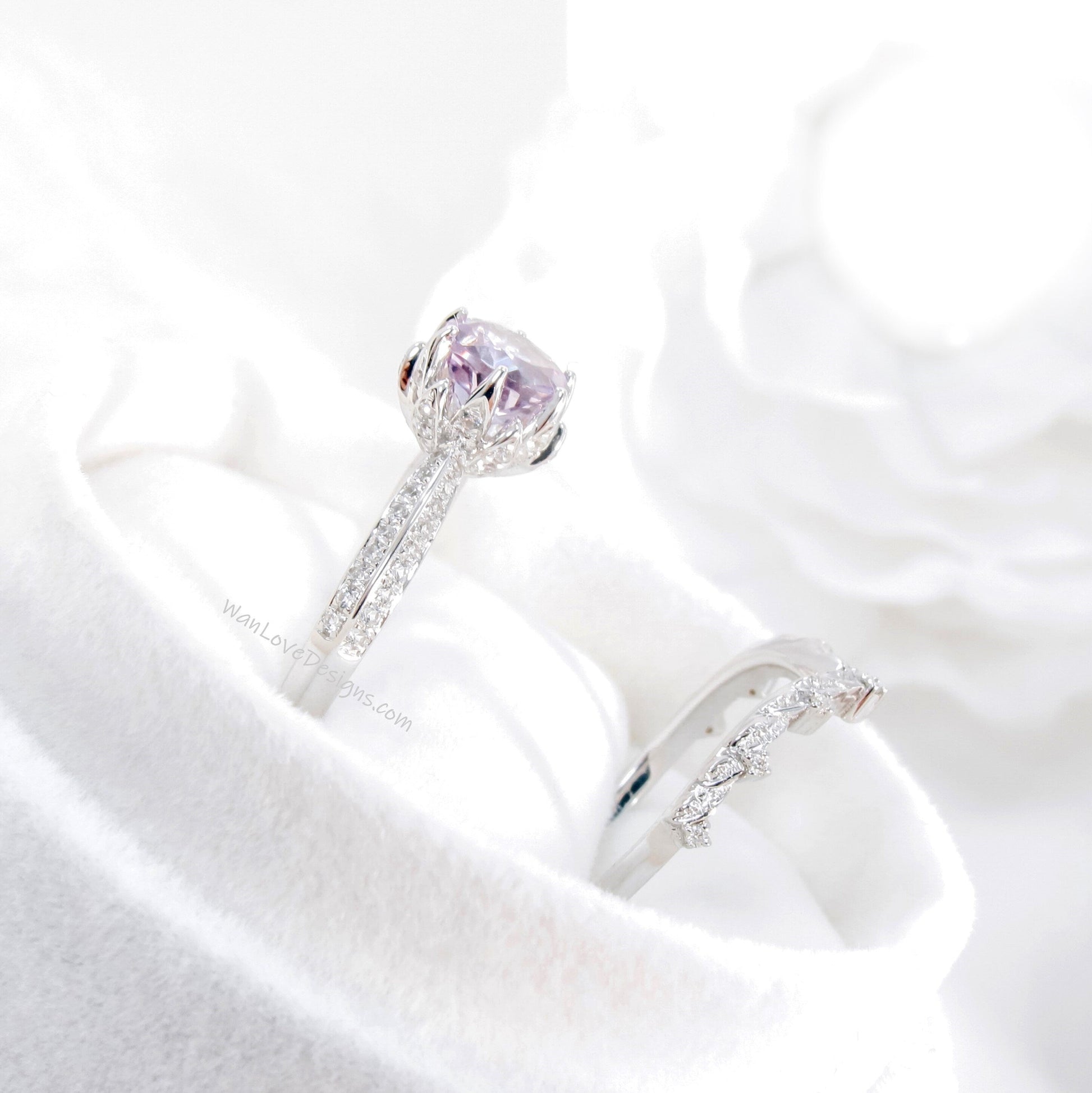 1.65ct Blue Sapphire diamond Lotus ring set - engagement ring wedding band- leaves bridal ring- diamond wedding ring- flower engagement ring Wan Love Designs