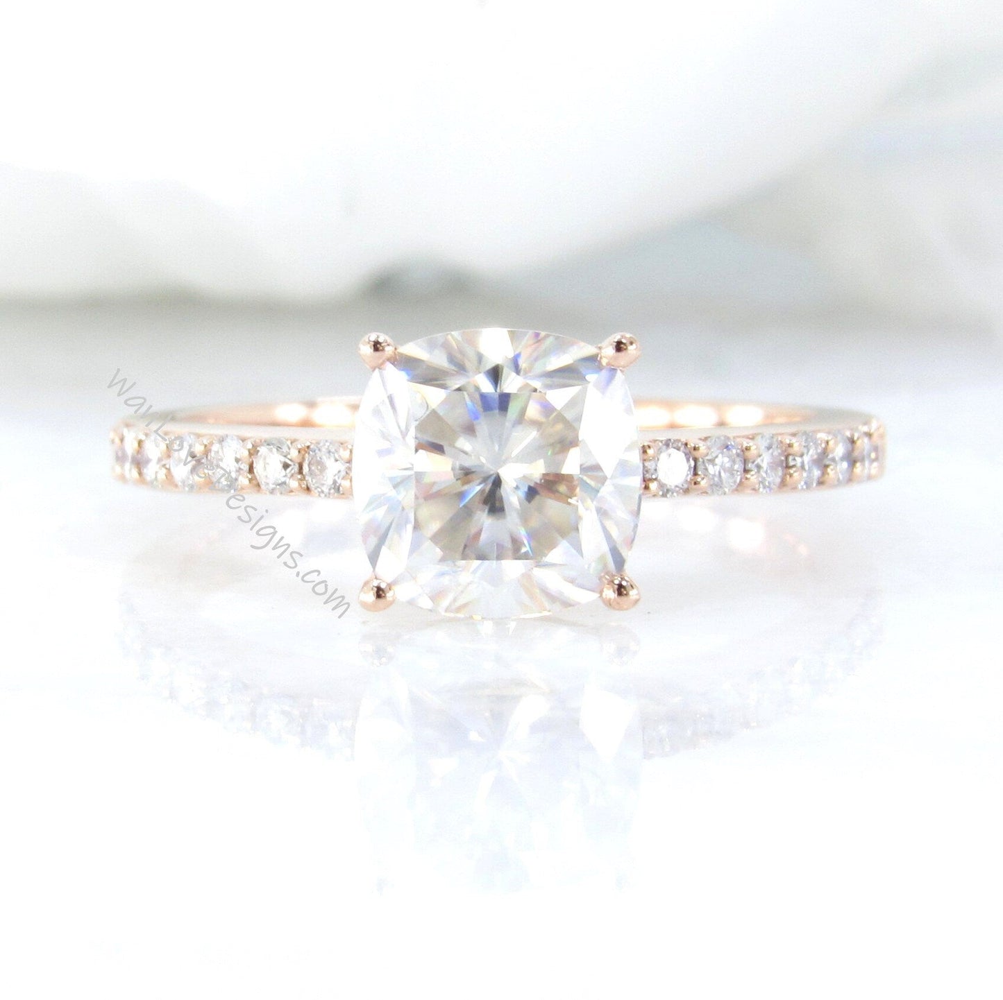 1.7ct Moissanite & Diamonds Cushion Low profile Engagement Ring, Cushion Moissanite Rose Gold Ring, Wedding Anniversary Gift-Ready to Ship Wan Love Designs