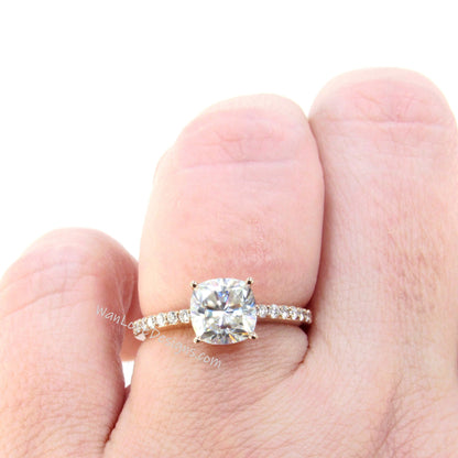 1.7ct Moissanite & Diamonds Cushion Low profile Engagement Ring, Cushion Moissanite Rose Gold Ring, Wedding Anniversary Gift-Ready to Ship Wan Love Designs