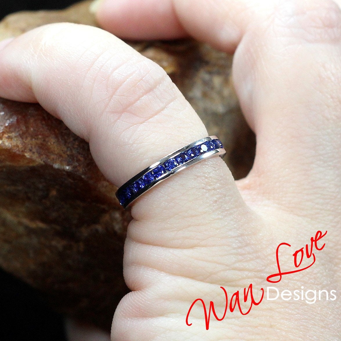 1.8MM Channel Setting Blue Sapphire Wedding Band / Colorless Round Princes Half Eternity Band / 14K White Gold Moissanite Band For Her Wan Love Designs