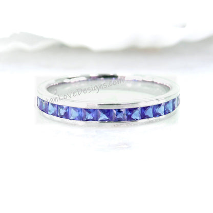 1.8MM Channel Setting Blue Sapphire Wedding Band / Colorless Round Princes Half Eternity Band / 14K White Gold Moissanite Band For Her Wan Love Designs