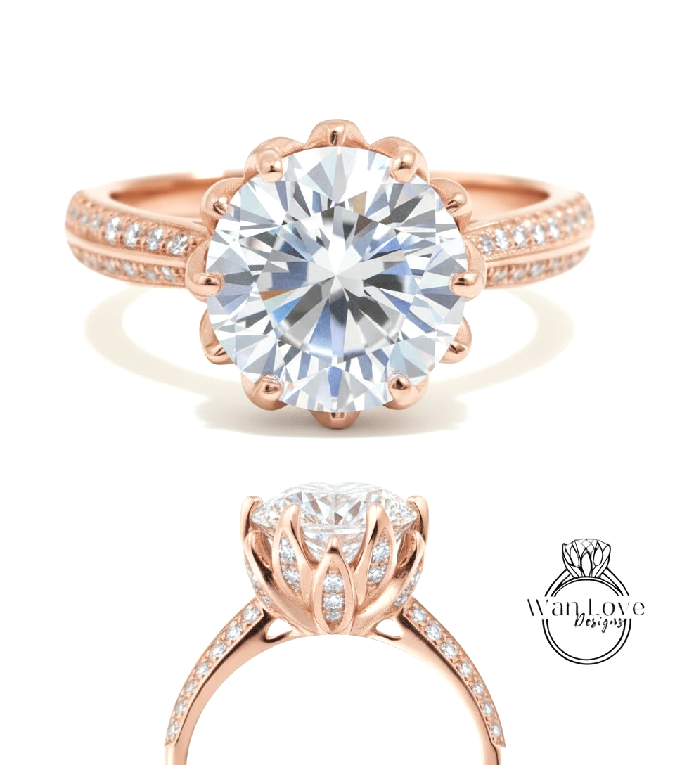 a beautiful rose gold ring with a large, round diamond set in the center. The ring has a scalloped edge and is adorned with small diamonds around the band.