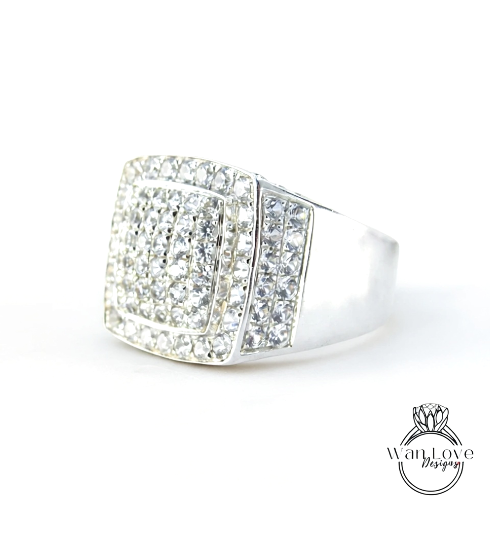White Sapphire Large Pave Wedding Bands-Mens Ring-3.7ct 2mm-Silver Rhodium-Engagement-Pinky-Anniversary Gift-Thick Shank-Ready to ship