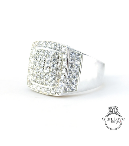 White Sapphire Large Pave Wedding Bands-Mens Ring-3.7ct 2mm-Silver Rhodium-Engagement-Pinky-Anniversary Gift-Thick Shank-Ready to ship