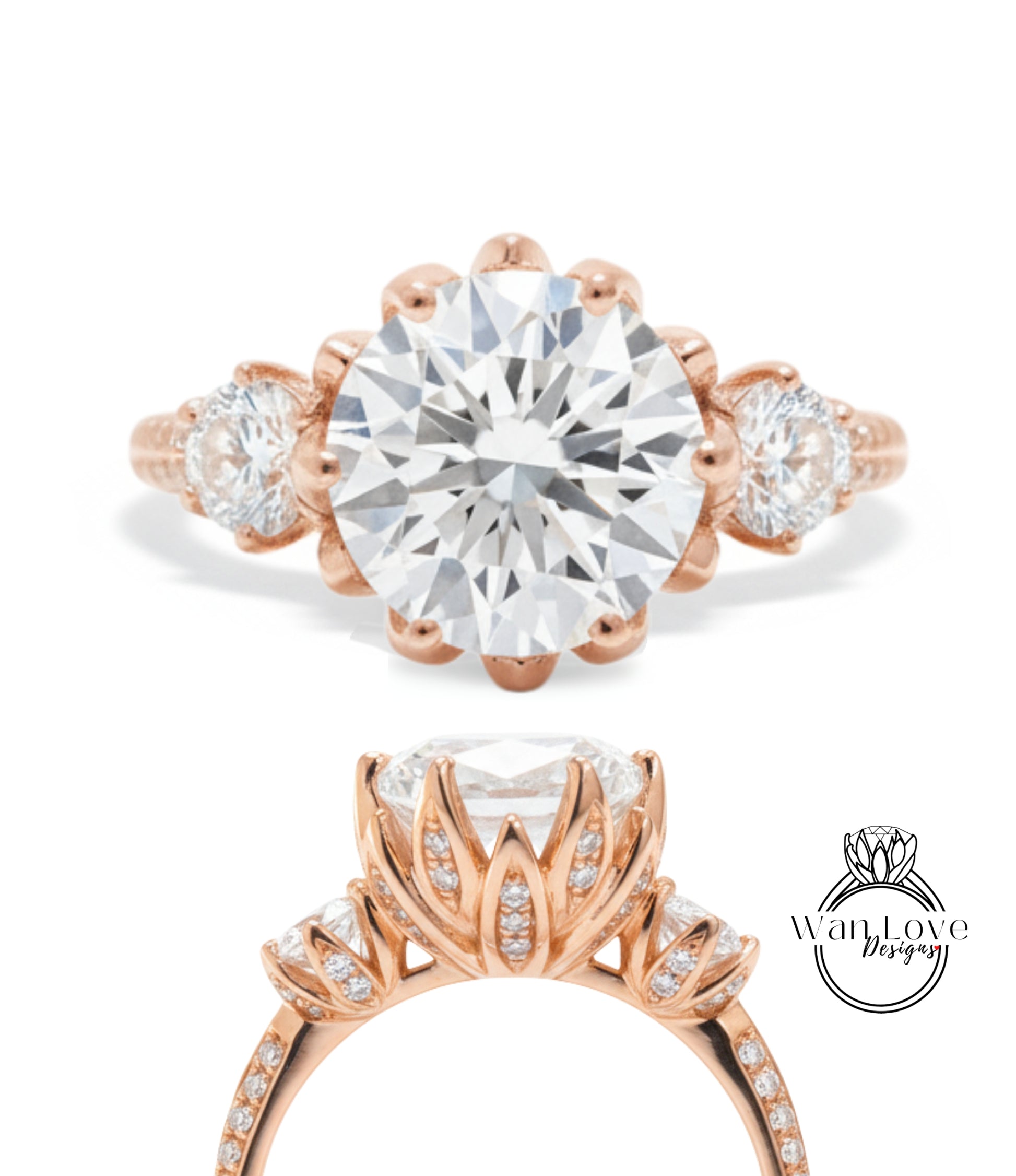 a beautiful engagement ring with a large, round diamond set in a rose gold band. The ring has three smaller diamonds on either side of the large central diamond, and the band is adorned with a delicate floral design.