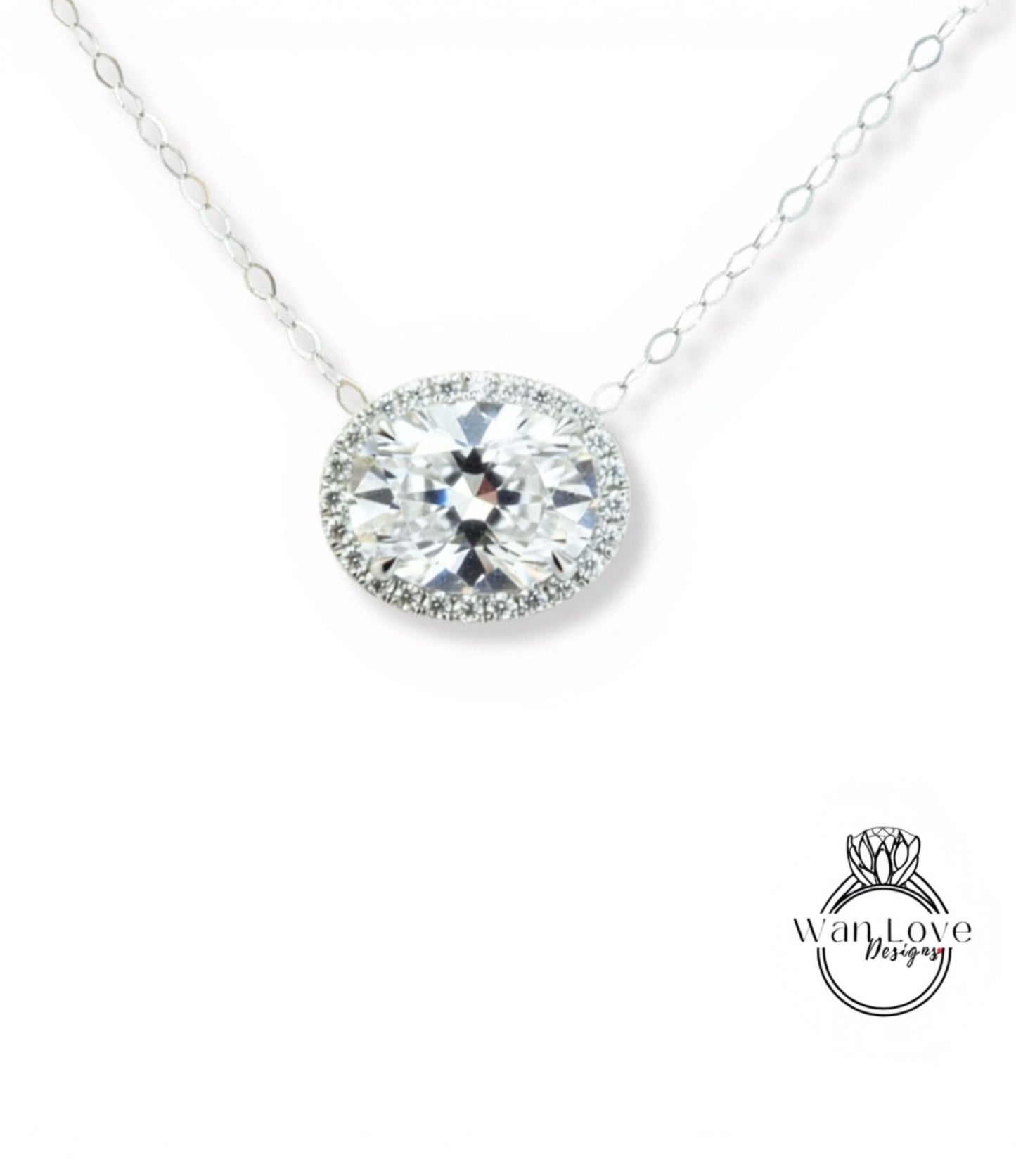 Oval Moissanite Necklace, Oval Diamond Halo Pendant, East West or Vertical charm, Birthstone Choice Womens Necklace, Special Gift For Her.