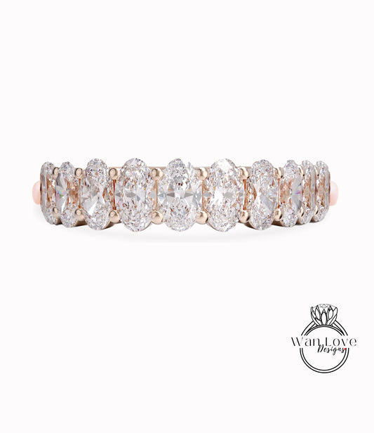 Oval cut Moissanite Diamond wedding band Ring Vintage Rose gold half eternity wedding band women Stacking Birthstone band Bridal promise