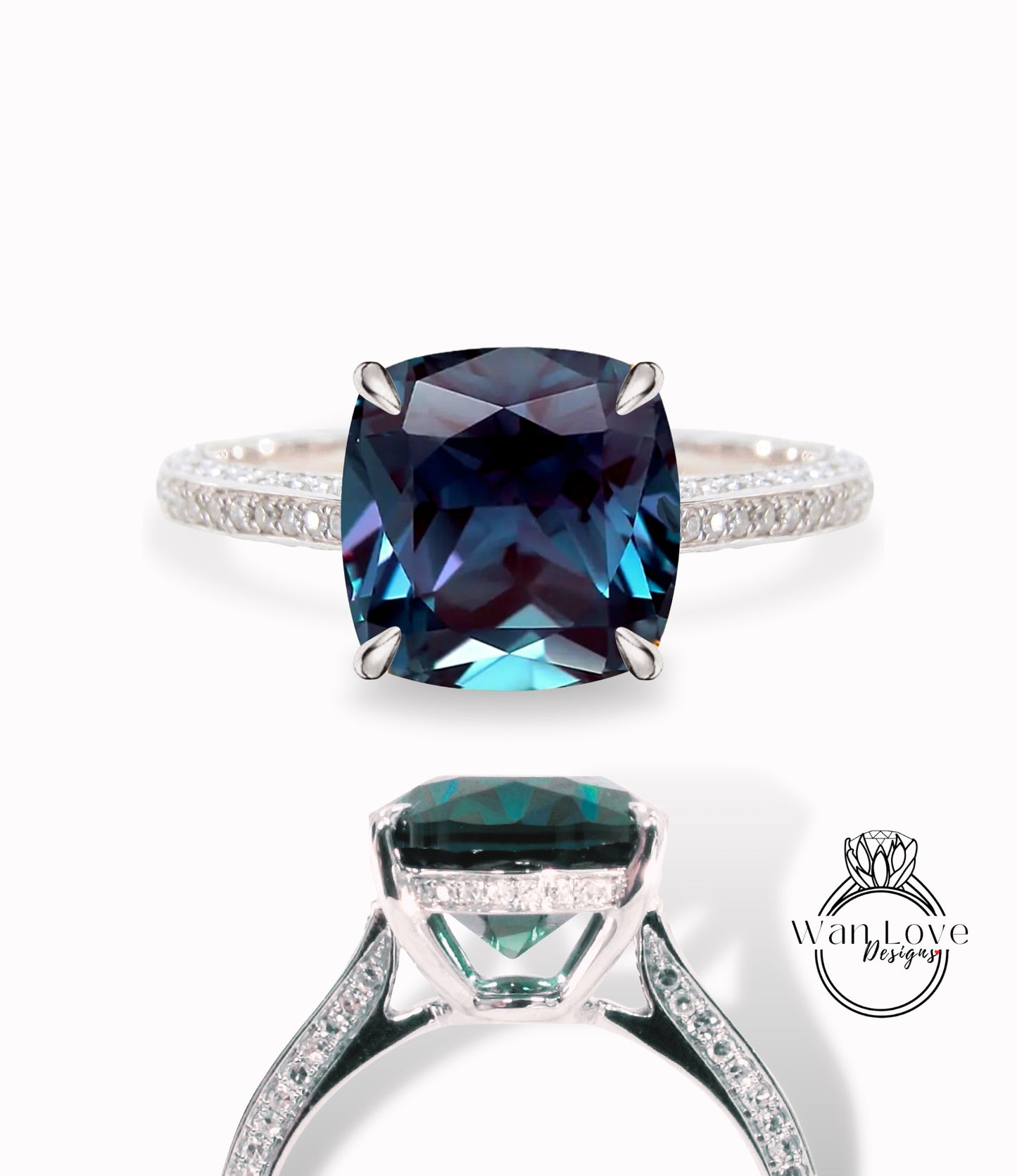 Alexandrite & Diamond Cushion 3 sided Band Celebrity Style Engagement Ring Custom 14k 18k White Yellow Rose Gold Platinum Wedding Anniversary Bridal Gift