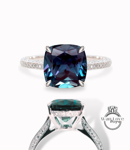 Alexandrite & Diamond Cushion 3 sided Band Celebrity Style Engagement Ring Custom 14k 18k White Yellow Rose Gold Platinum Wedding Anniversary Bridal Gift