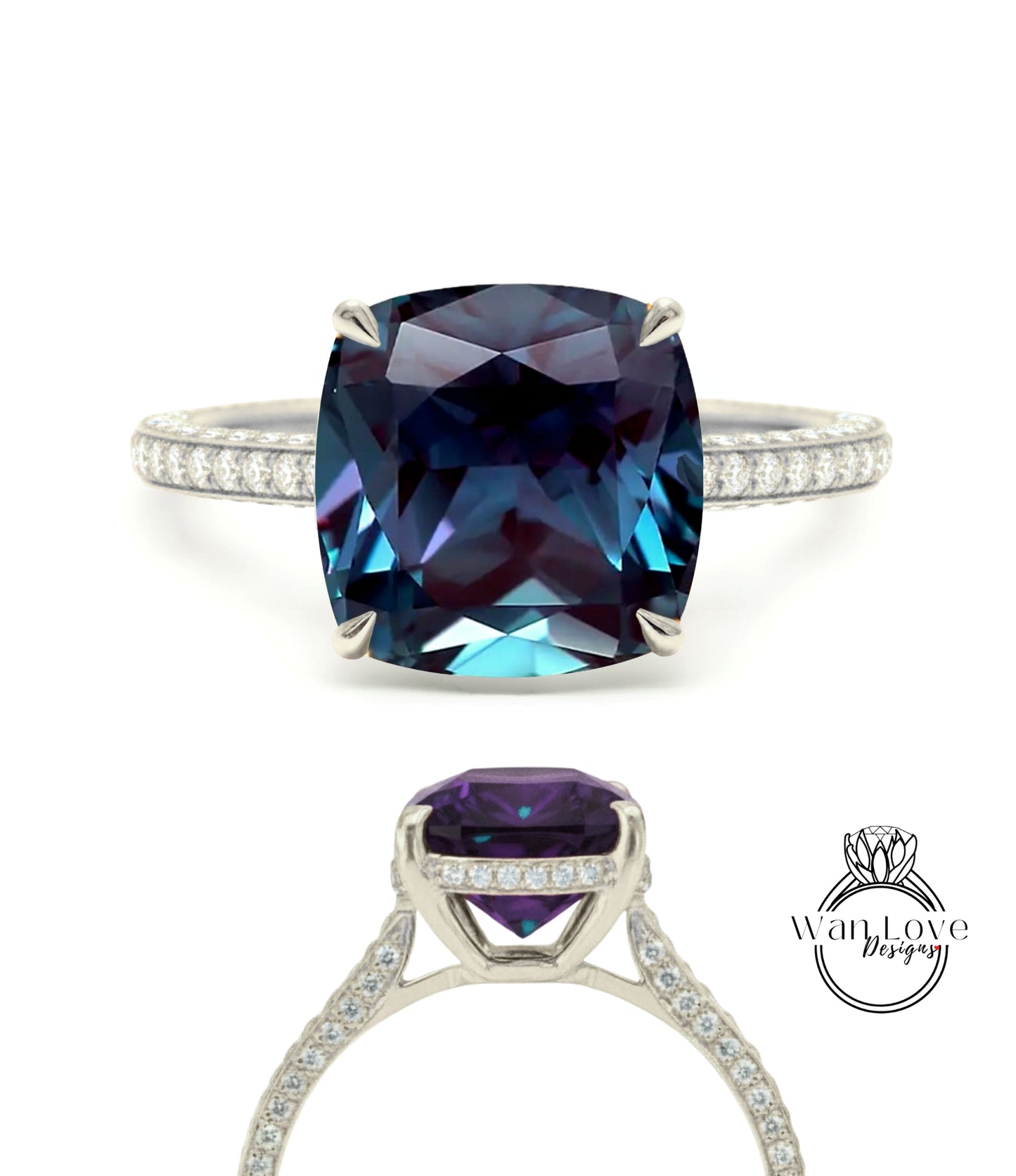 Alexandrite & Diamond Cushion 3 sided Band Celebrity Style Engagement Ring Custom 14k 18k White Yellow Rose Gold Platinum Wedding Anniversary Bridal Gift