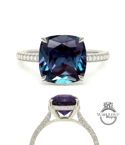 Alexandrite & Diamond Cushion 3 sided Band Celebrity Style Engagement Ring Custom 14k 18k White Yellow Rose Gold Platinum Wedding Anniversary Bridal Gift