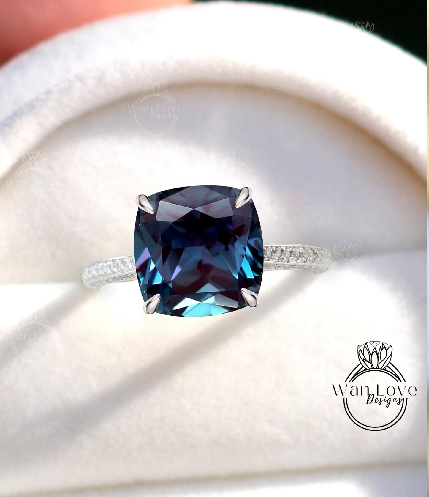 Alexandrite & Diamond Cushion 3 sided Band Celebrity Style Engagement Ring Custom 14k 18k White Yellow Rose Gold Platinum Wedding Anniversary Bridal Gift