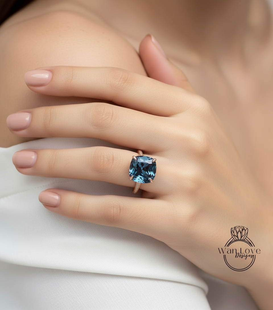 Alexandrite & Diamond Cushion 3 sided Band Celebrity Style Engagement Ring Custom 14k 18k White Yellow Rose Gold Platinum Wedding Anniversary Bridal Gift