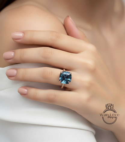 Alexandrite & Diamond Cushion 3 sided Band Celebrity Style Engagement Ring Custom 14k 18k White Yellow Rose Gold Platinum Wedding Anniversary Bridal Gift