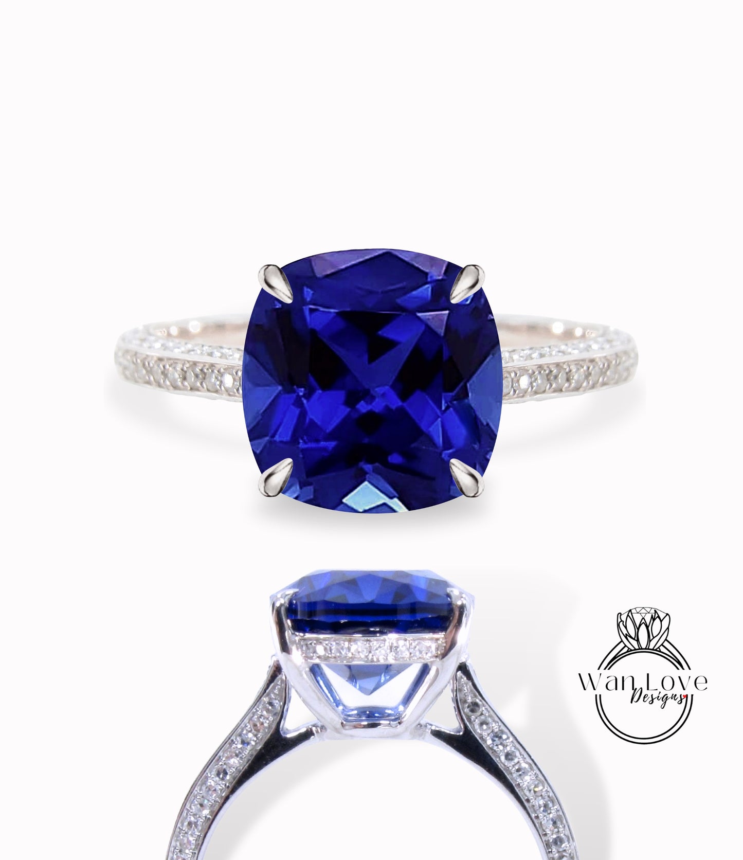 Blue Sapphire & Diamond Cushion 3 sided Band Celebrity Style Engagement Ring Custom 14k 18k White Yellow Rose Gold Platinum Wedding Anniversary Bridal Gift