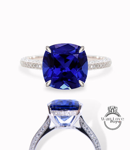 Blue Sapphire & Diamond Cushion 3 sided Band Celebrity Style Engagement Ring Custom 14k 18k White Yellow Rose Gold Platinum Wedding Anniversary Bridal Gift