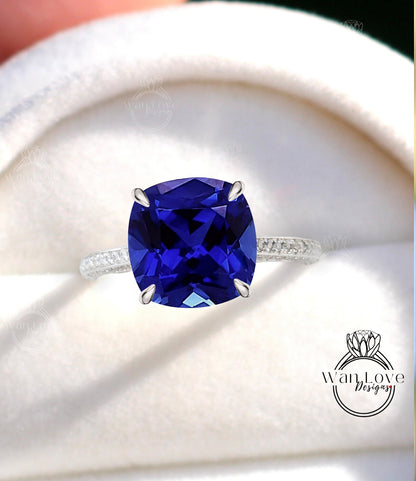 Blue Sapphire & Diamond Cushion 3 sided Band Celebrity Style Engagement Ring Custom 14k 18k White Yellow Rose Gold Platinum Wedding Anniversary Bridal Gift