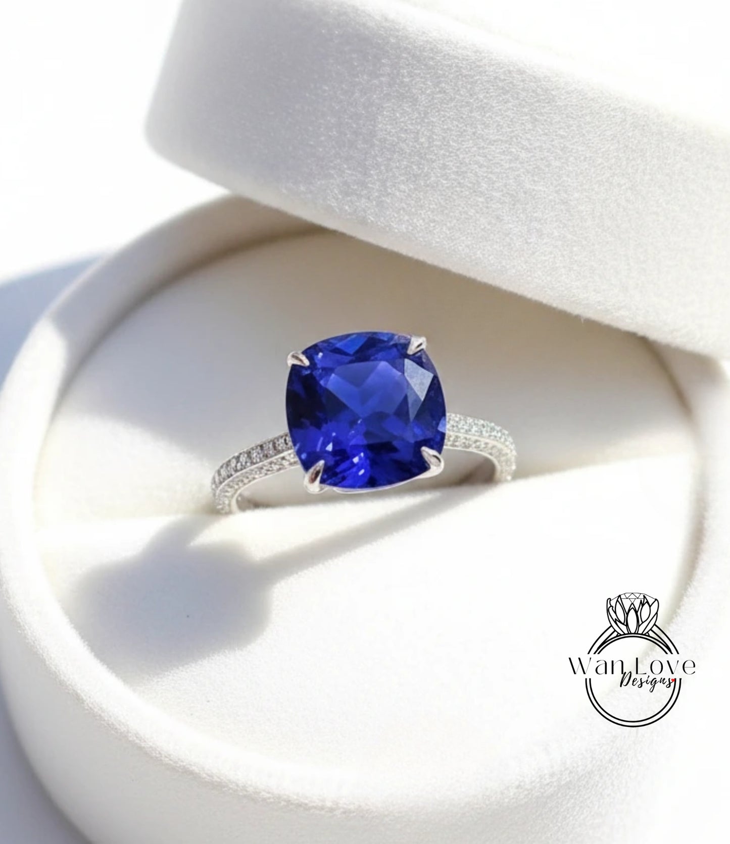 Blue Sapphire & Diamond Cushion 3 sided Band Celebrity Style Engagement Ring Custom 14k 18k White Yellow Rose Gold Platinum Wedding Anniversary Bridal Gift