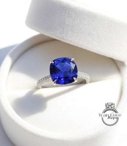 Blue Sapphire & Diamond Cushion 3 sided Band Celebrity Style Engagement Ring Custom 14k 18k White Yellow Rose Gold Platinum Wedding Anniversary Bridal Gift
