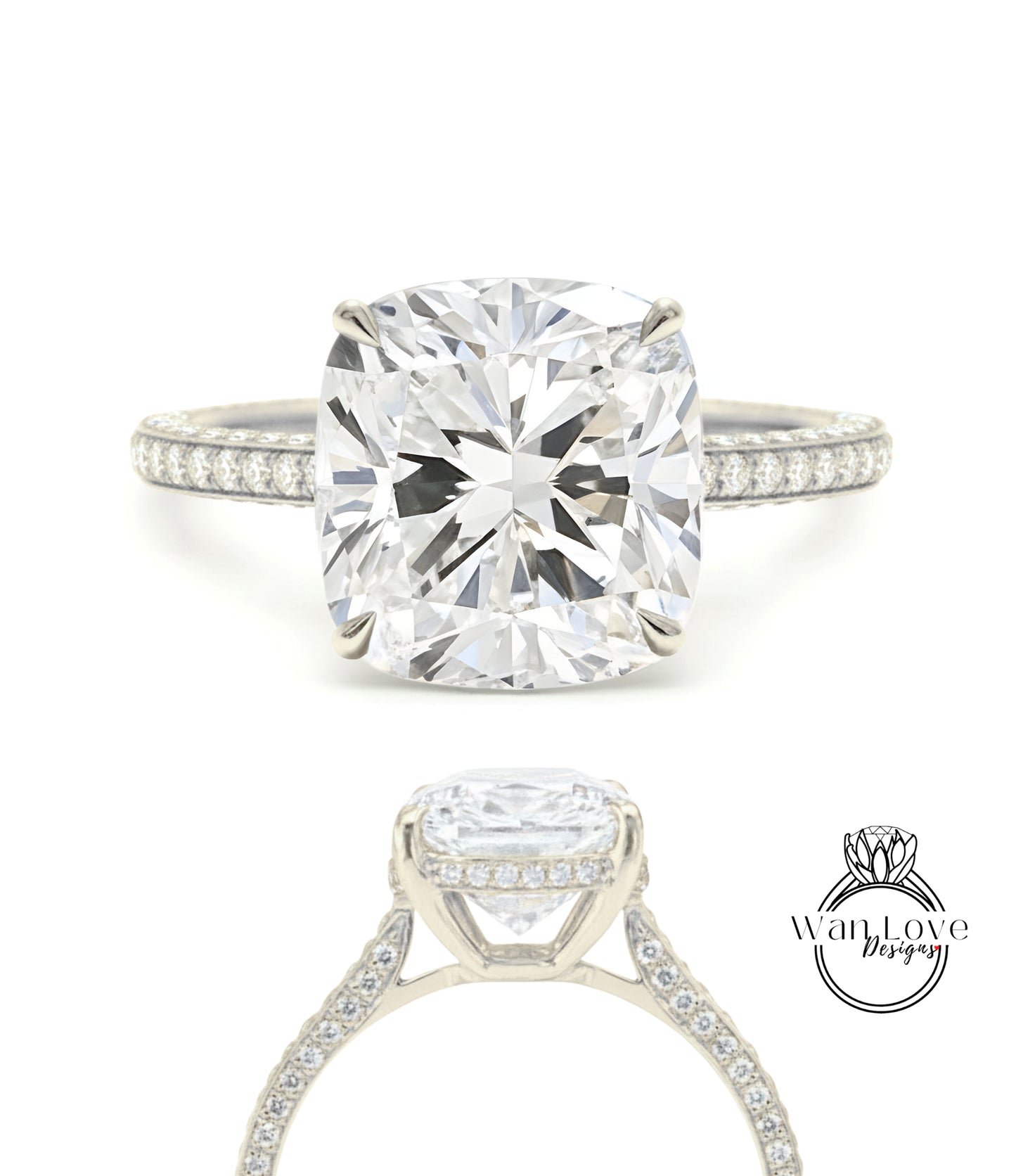 Anello con diamante cuscino con fascia con pavé di diamanti, anello con diamante Lab da 3 ct, anello di fidanzamento con fascia con pavé di diamanti Lab in oro rosa a 3 lati