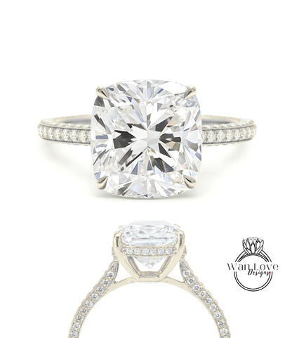 Anello con diamante cuscino con fascia con pavé di diamanti, anello con diamante Lab da 3 ct, anello di fidanzamento con fascia con pavé di diamanti Lab in oro rosa a 3 lati