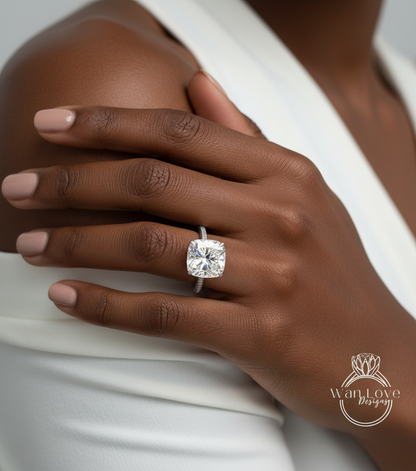 Anello con diamante cuscino con fascia con pavé di diamanti, anello con diamante Lab da 3 ct, anello di fidanzamento con fascia con pavé di diamanti Lab in oro rosa a 3 lati