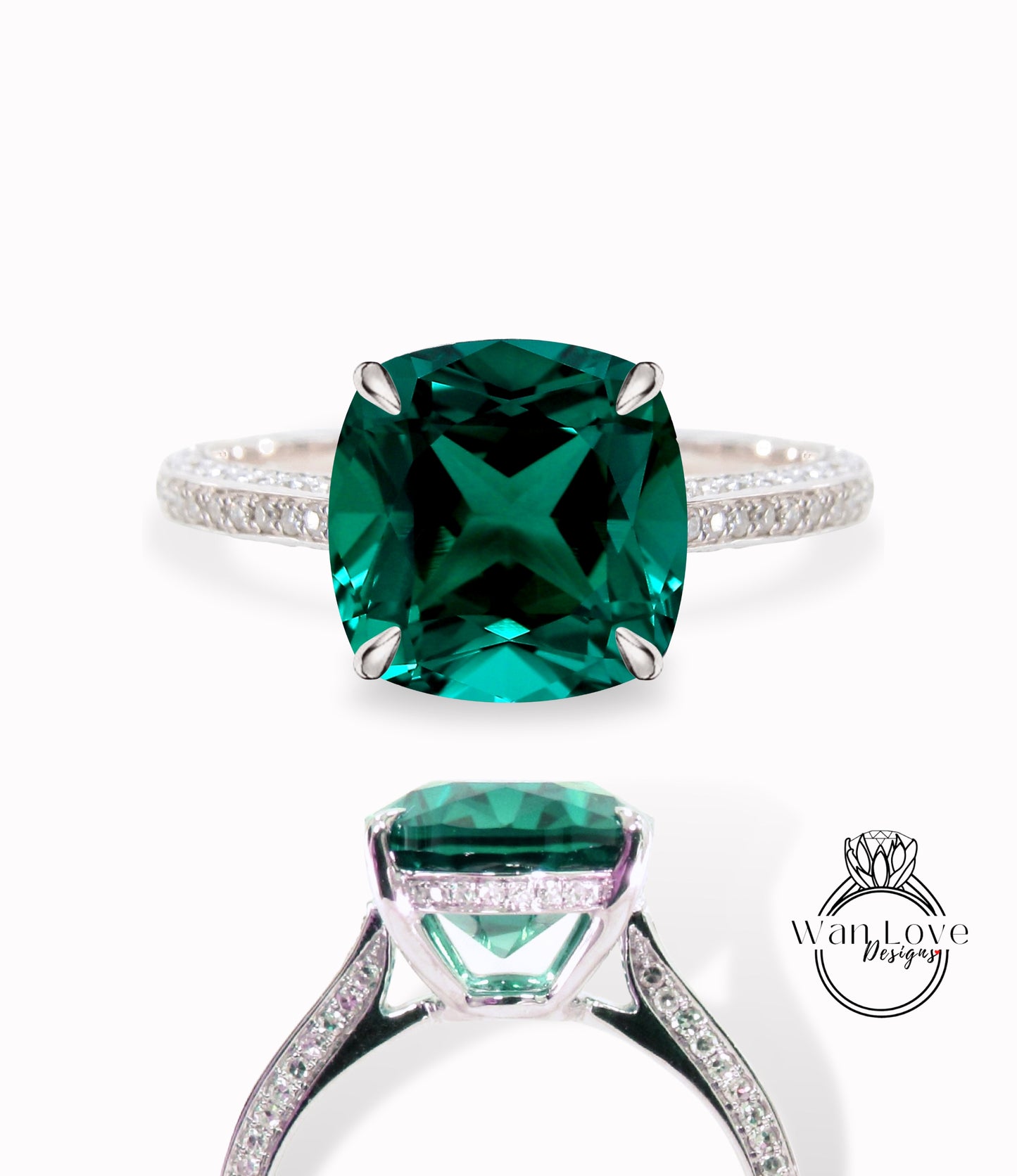 Emerald & Diamond Cushion 3 sided Band Celebrity Style Engagement Ring Custom 14k 18k White Yellow Rose Gold Platinum Wedding Anniversary Bridal Gift