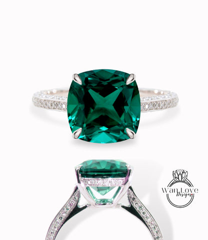 Emerald & Diamond Cushion 3 sided Band Celebrity Style Engagement Ring Custom 14k 18k White Yellow Rose Gold Platinum Wedding Anniversary Bridal Gift