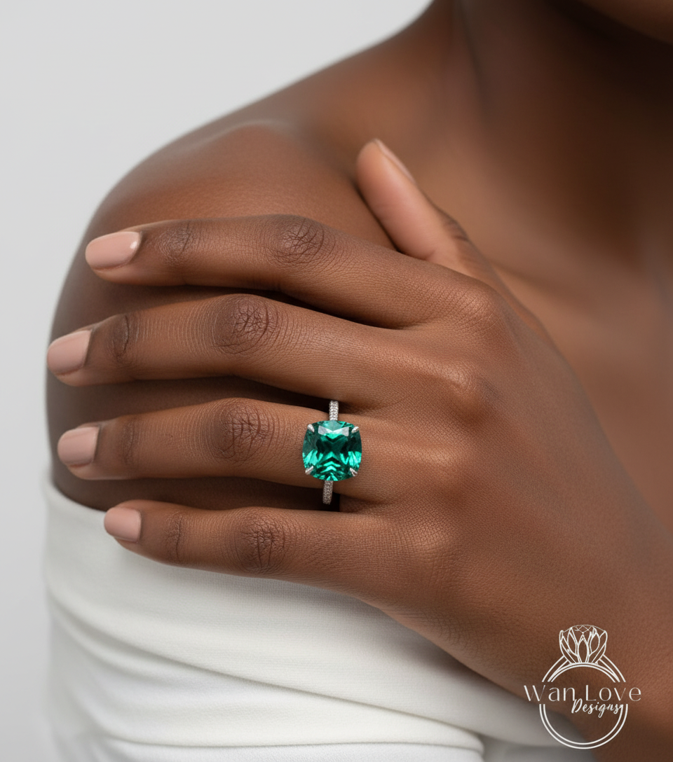 Emerald & Diamond Cushion 3 sided Band Celebrity Style Engagement Ring Custom 14k 18k White Yellow Rose Gold Platinum Wedding Anniversary Bridal Gift
