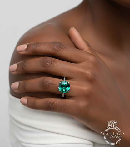 Emerald & Diamond Cushion 3 sided Band Celebrity Style Engagement Ring Custom 14k 18k White Yellow Rose Gold Platinum Wedding Anniversary Bridal Gift