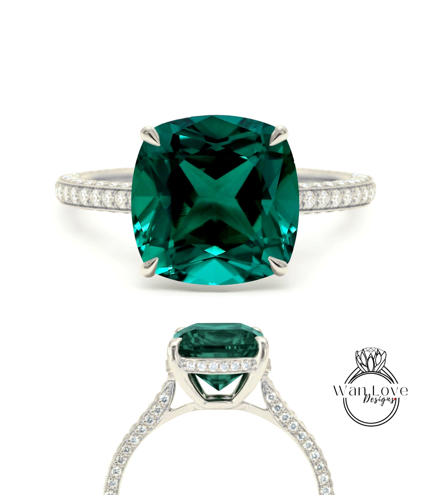 Emerald & Diamond Cushion 3 sided Band Celebrity Style Engagement Ring Custom 14k 18k White Yellow Rose Gold Platinum Wedding Anniversary Bridal Gift