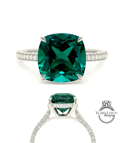 Emerald & Diamond Cushion 3 sided Band Celebrity Style Engagement Ring Custom 14k 18k White Yellow Rose Gold Platinum Wedding Anniversary Bridal Gift
