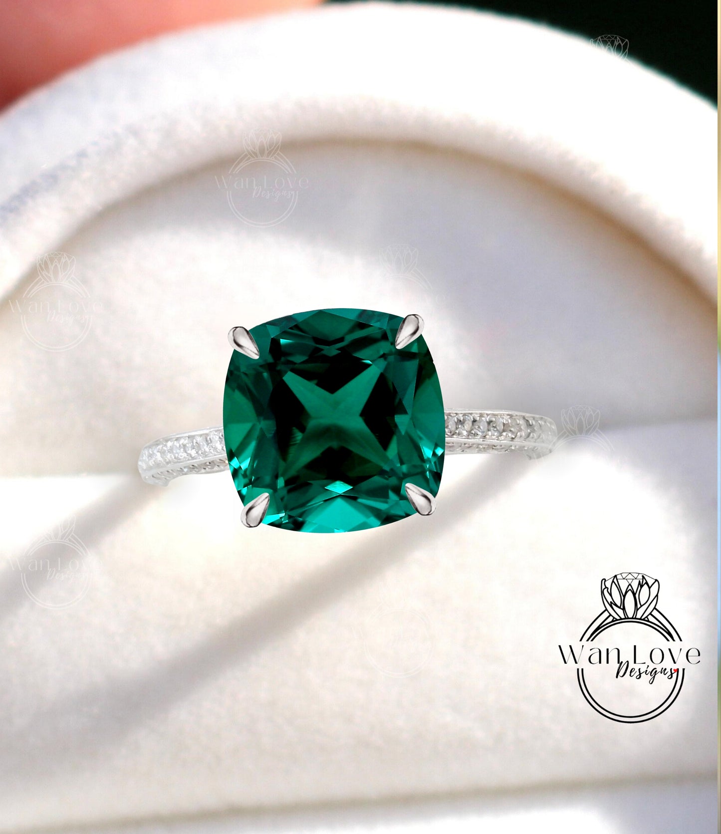 Emerald & Diamond Cushion 3 sided Band Celebrity Style Engagement Ring Custom 14k 18k White Yellow Rose Gold Platinum Wedding Anniversary Bridal Gift
