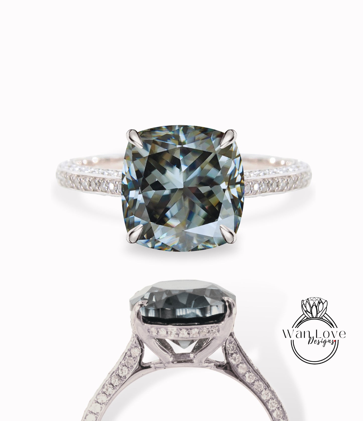 Gray Moissanite & Diamond Cushion 3 sided Band Celebrity Style Engagement Ring Custom 14k 18k White Yellow Rose Gold Platinum Wedding Anniversary Bridal Gift
